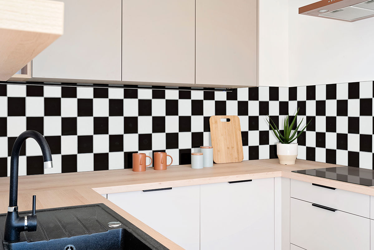 White and Black 4" Checkered Matte backsplash in a kitchen